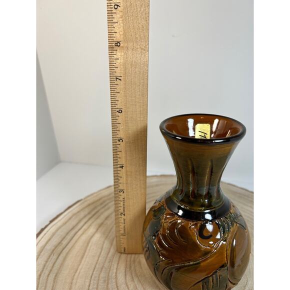 Studio Pottery Vase Carved Etched Glazed Brown Green Black 6" Italy Tuscan Fall - Picture 9 of 9